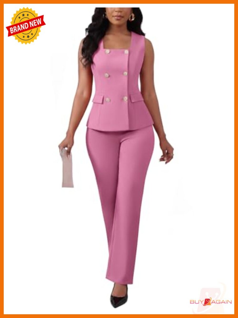 2 Piece Blazer Outfits Square Neck Sleeveless Vest High Waist Pants Suit Set